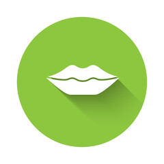 White Smiling lips icon isolated with long shadow. Smile symbol. Green circle button. Vector.