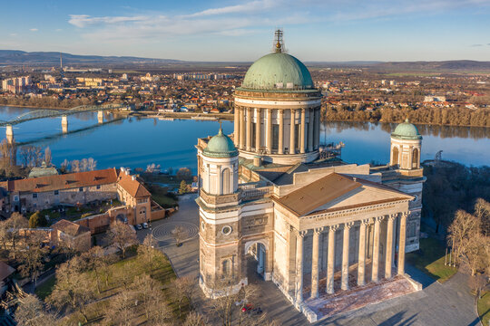 Hungary - Historical Basilica of Esztergom from drone view near Danube river