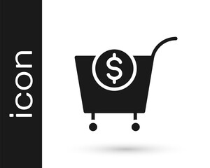 Black Shopping cart and dollar symbol icon isolated on white background. Online buying concept. Delivery service. Supermarket basket. Vector.