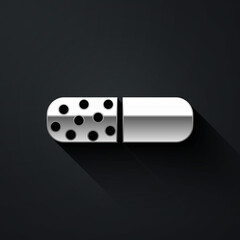 Silver Vitamin complex of pill capsule icon isolated on black background. Healthy lifestyle. Long shadow style. Vector.