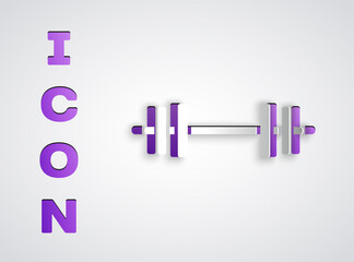 Paper cut Barbell icon isolated on grey background. Muscle lifting icon, fitness barbell, gym, sports equipment, exercise bumbbell. Paper art style. Vector.