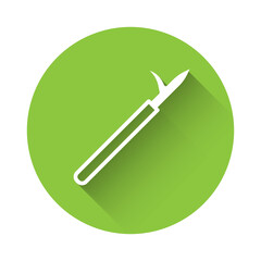 White Metal pike pole with wooden handle icon isolated with long shadow. Spear, pickaxe, hook hand extinguishing instrument and tool for fireman. Green circle button. Vector.