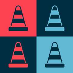 Pop art Traffic cone icon isolated on color background. Vector.