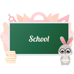 Cute bunny holding book and standing near blackboard, shool banner for kids in cartoon sryle, educational leaflet, back to school illustration
