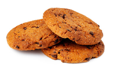 Pile of chocolate chip cookies isolated on white background