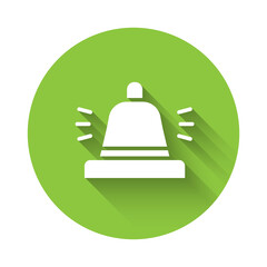 White Hotel service bell icon isolated with long shadow. Reception bell. Green circle button. Vector.
