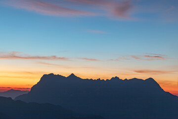 Heaven at early morning with copy space. Sunset, sunrise backdrop.Predawn clear sky with orange horizon and blue atmosphere. Smooth orange blue gradient of dawn sky.