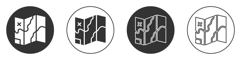 Black Folded map icon isolated on white background. Circle button. Vector.