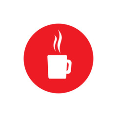 white hot cup with steam in red circle icon. Mug with tea or coffee icon flat.