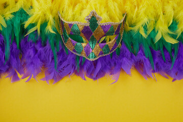 Mardi gras carnival concept with face mask and Mardi gras colors feathers. - obrazy, fototapety, plakaty