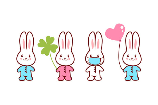 .Cute kawaii bunnies. Images for Easter, St. Patrick's Day, etc. Vector cartoon set..