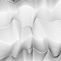 Black and white dynamic waves. Undulating subtle lines. Vector monochrome fluid pattern. Abstract op art design with gradient. Creative deformed curves. Techno modern background. EPS10 illustration