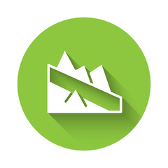 White Mountain descent icon isolated with long shadow. Symbol of victory or success concept. Green circle button. Vector.
