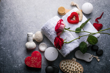 Wellness decoration, spa massage setting,  oil on stone background. Valentine's Day Zen and relax concept.