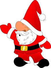 funny santa claus in a red suit and a cap with a pompom, with a gray beard and mustache. Waving his hand in greeting