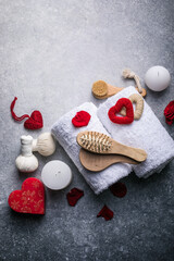 Wellness decoration, spa massage setting,  oil on stone background. Valentine's Day Zen and relax concept.