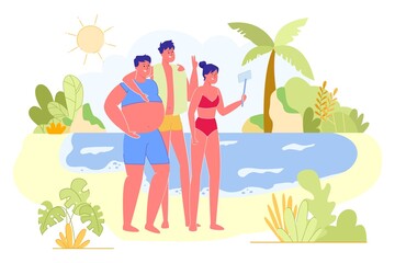 Obraz na płótnie Canvas Friends Company Photographing on Tropical Beach Vector Illustration