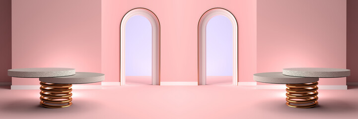 3D rendering. Minimal abstract scene with Round stone Pedestal with gold spring. Podium for display product on the pink floor. Pedestal can be used for advertising, Isolated on pink background.