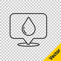 Black line Water drop with location icon isolated on transparent background. Vector Illustration.