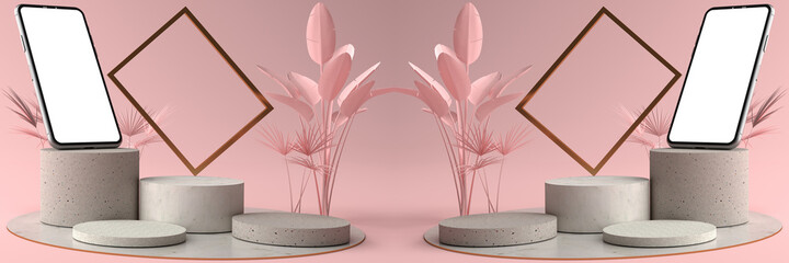 3D rendering of The Smartphone white screen on Round marble Pedestal, Mobile phone mockup tilted to the ground. Pedestal can be used for commercial advertising, Isolated on Minimal pink background.