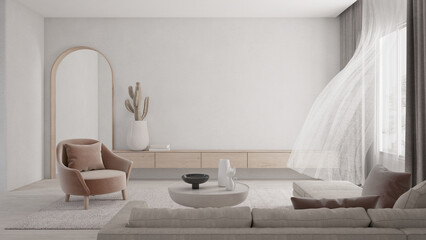 Living room with curtain blowing.3d rendering