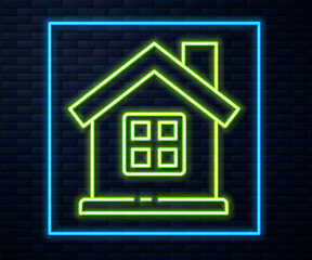Glowing neon line House icon isolated on brick wall background. Home symbol. Vector Illustration.