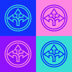 Pop art line Road traffic sign. Signpost icon isolated on color background. Pointer symbol. Isolated street information sign. Direction sign. Vector Illustration.