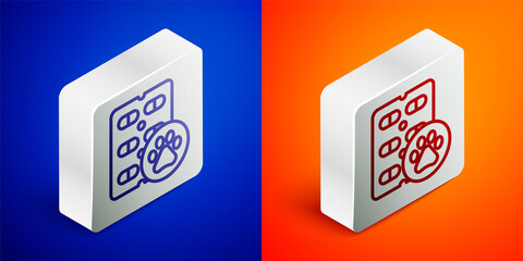 Isometric line Dog pill icon isolated on blue and orange background. Prescription medicine for animal. Silver square button. Vector.
