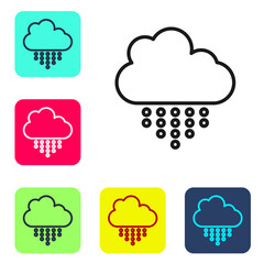 Black line Cloud with rain icon isolated on white background. Rain cloud precipitation with rain drops. Set icons in color square buttons. Vector.