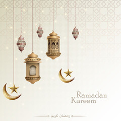 islamic greeetings ramadan kareem card design with golden lanterns and crescent moon - obrazy, fototapety, plakaty
