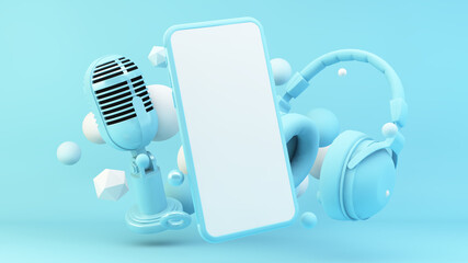 Smartphone with blue headphones and microphone 3d rendering - obrazy, fototapety, plakaty