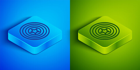 Isometric line American star shield icon isolated on blue and green background. United States of America country flag. 4th of July. USA Independence day. Square button. Vector.