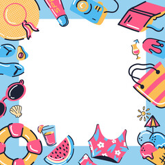 Obraz premium Summer vibes elements tropical fruits, seashells, exotic flowers, palm leaves, sunglasses, bikini. Vector illustration for card, print, paper, flyer, sticker. Season sale, social media template