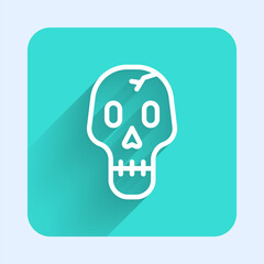 White line Skull icon isolated with long shadow. Happy Halloween party. Green square button. Vector.