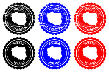 Obraz premium Poland - rubber stamp - vector, Poland map pattern - sticker - black, blue and red