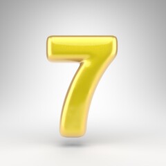 Number 7 on white background. Yellow car paint 3D number with glossy metallic surface.