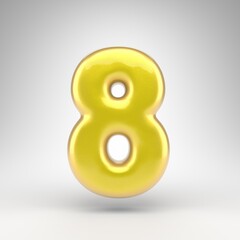 Number 8 on white background. Yellow car paint 3D number with glossy metallic surface.