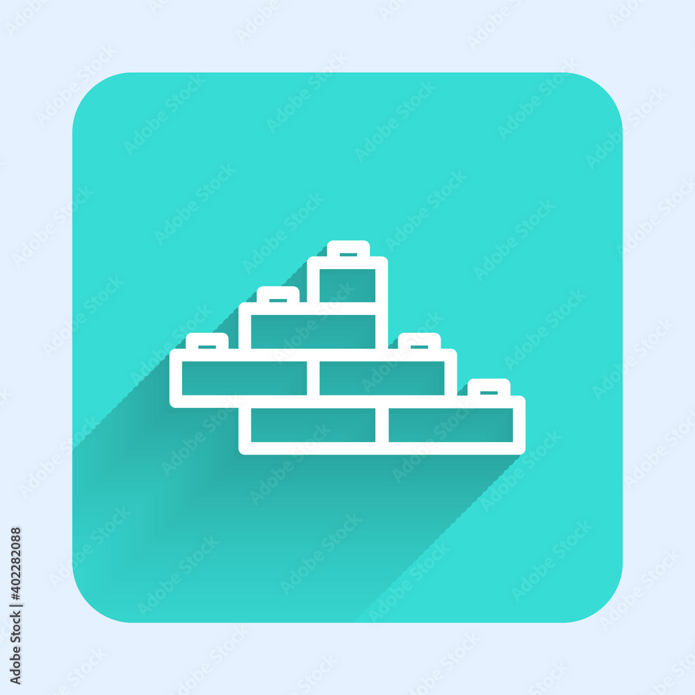 Poster white line toy building block bricks for children icon isolated with long shadow. green square butto