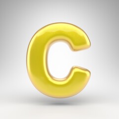 Letter C uppercase on white background. Yellow car paint 3D letter with glossy metallic surface.