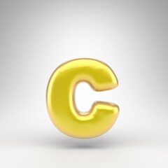 Letter C lowercase on white background. Yellow car paint 3D letter with glossy metallic surface.