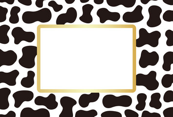 牛柄の上の金色の枠付き白い四角いスペース：2021年の干支・牛の模様 - はがきサイズ
