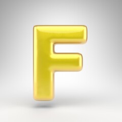 Letter F uppercase on white background. Yellow car paint 3D letter with glossy metallic surface.