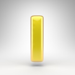 Letter I uppercase on white background. Yellow car paint 3D letter with glossy metallic surface.