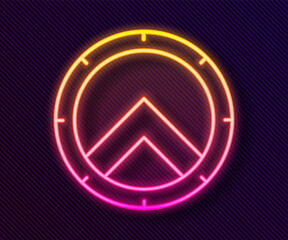 Glowing neon line Greek shield with greek ornament icon isolated on black background. Vector.
