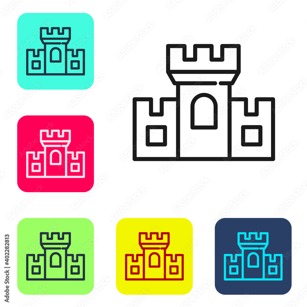 Poster black line castle icon isolated on white background. medieval fortress with a tower. protection from