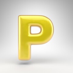 Letter P uppercase on white background. Yellow car paint 3D letter with glossy metallic surface.