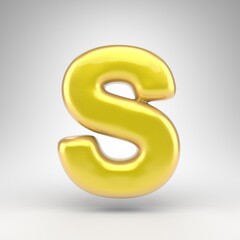 Letter S uppercase on white background. Yellow car paint 3D letter with glossy metallic surface.