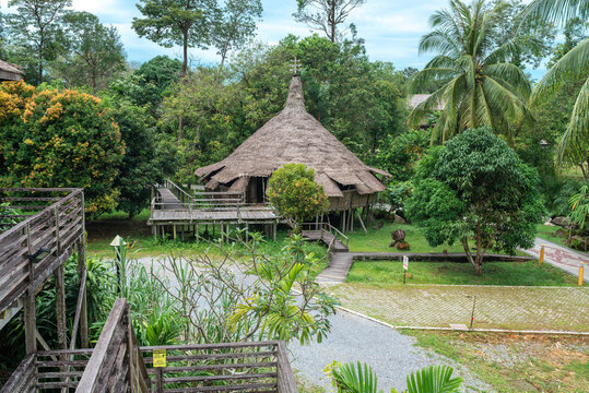 Bidayuh roundhouse in the Sarawak Cultural Village, located in the north of Kuching. It showcases the various ethnic groups carrying out traditional activities in their respective traditional houses
