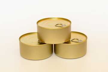 Stacked food cans on white background, canning is a method of preserving food.