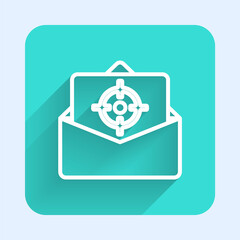 White line Mail and e-mail icon isolated with long shadow. Envelope symbol e-mail. Email message sign. Green square button. Vector.